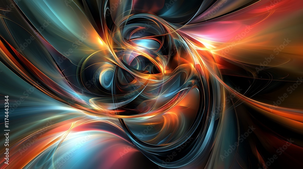 Wall mural twisting neon fractals creating depth in a space-inspired abstract scene