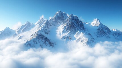 Fototapeta premium Majestic Snow-Capped Peaks Rise Above Serene Clouds: Breathtaking 3D Render in a Realistic Style. AI Generated