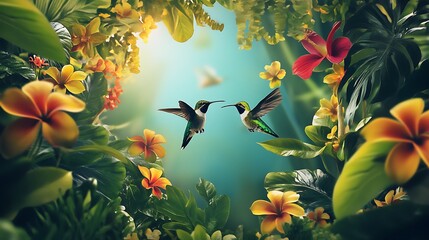 Hummingbirds in Tropical Paradise: A vibrant digital art depicting two hummingbirds amidst lush foliage and blossoms.