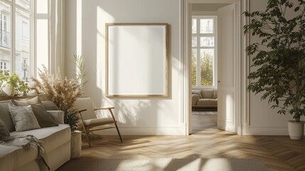 Fototapeta premium Poster mockup with wooden frame leaning against the wall in an elegant modern apartment interior, featuring parquet floor, window with sunlight, beige sofa, armchair, and soft shadows. 