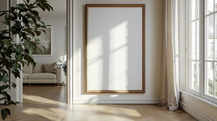 Fototapeta premium Poster mockup with wooden frame leaning against the wall in an elegant modern apartment interior, featuring parquet floor, window with sunlight, beige sofa, armchair, and soft shadows. 