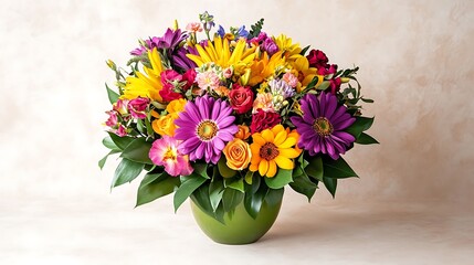 Naklejka premium A bouquet of vibrant flowers arranged beautifully on a smooth cream background