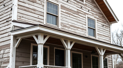 A two-story house with weathered gray siding, white trim, and a wraparound porch featuring white, V-shaped support beams.  Several windows are visible, showcasing a blend of architectural styles.