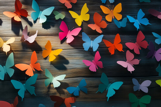 A vibrant arrangement of colorful paper butterflies delicately scattered on a rustic wooden table, illuminated by soft natural light.