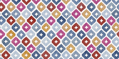 A geometric pattern with diamond shapes in vibrant red, blue, mustard yellow, and white, resembling a textile or tribal design.