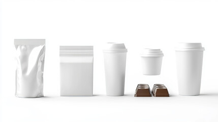 Realistic packages 3d, big set packaging isolated for white background, chocolate package, flexible bag, milk box, yogurt box and coffee cups, white objects vector illustration