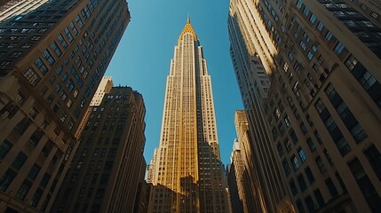 Obraz premium A towering skyscraper rises amidst urban buildings under a clear blue sky.