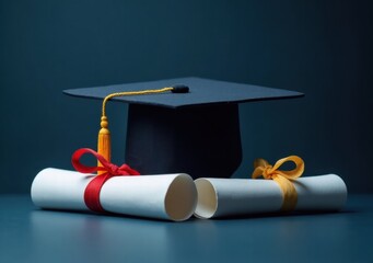 Graduation cap and rolled diplomas in vibrant colors on a dark background