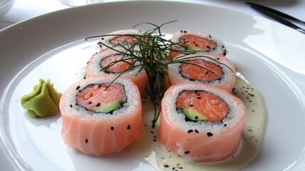 A plate of sushi rolls garnished with wasabi and sauce.