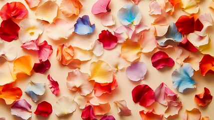 A colorful array of petals spread artistically on a cream background