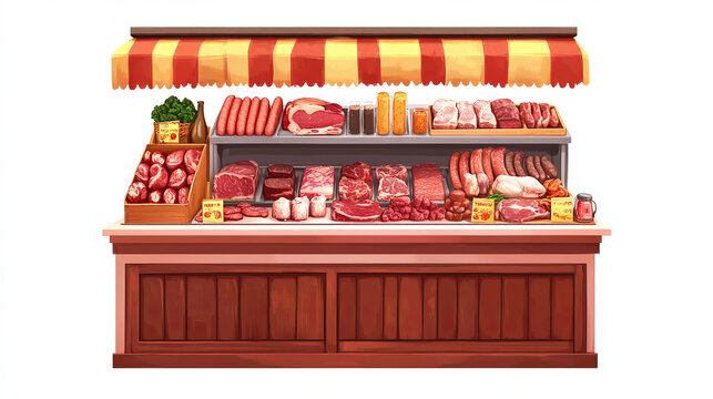 Meat market stall, beef, pork on scales, sausages and paper pack. Vector cartoon set of butcher shop or butchery department in store with counter with fridge and food isolated on white background