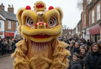 Golden lion dance costume performing in a street parade, surrounded by spectators.