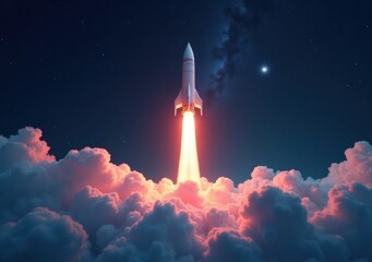 Rocket launch at night illuminating clouds with bright flames and smoke