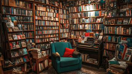 Night bookstore interior with books on wooden shelves. Vector cartoon illustration of dark room with literature on shelves, postcard rack, yellow armchair, cash register on counter, souvenirs on wall