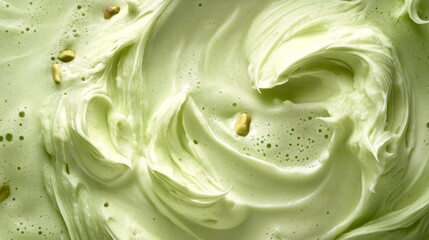 Cinematic still of a creamy pistachio milkshake texture with a smooth swirl pattern from a top view, showcasing the vibrant green color and creamy consistency.