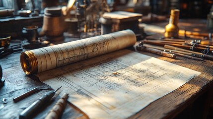 Obraz premium Close-up Photo: Intricately Detailed Antique Blueprint Resting on a Craftsman's Workbench. AI Generated