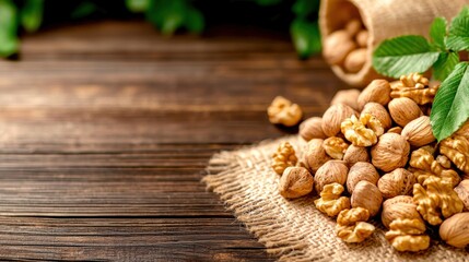 Fototapeta premium Anti-cancer and superfood concept. Walnuts on a rustic wooden table, symbolizing healthy fats and cancer prevention nutrients