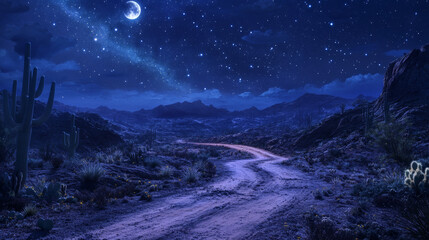 Desert landscape with road, rocks and cactuses at night. Vector cartoon illustration of highway turn in hot sand desert with mountains, moon and stars in sky