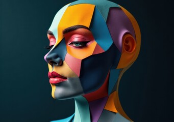 Artistic portrait of a woman with geometric face paint in vibrant colors
