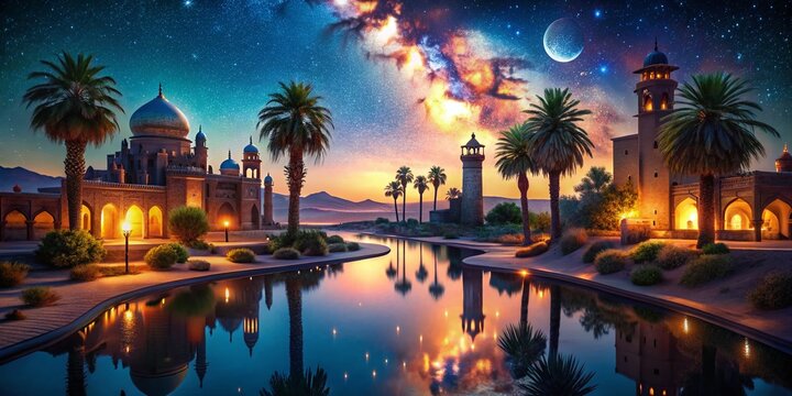 Aerial View of Desert Oasis at Night, Starry Sky, 1001 Nights Fantasy