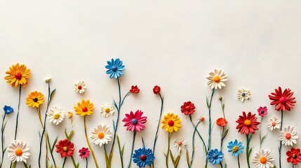 Brightly colored daisies creating a cheerful composition on a cream surface