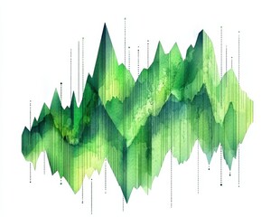 Obraz premium Abstract watercolor mountain landscape in vibrant green tones and sharp peaks.