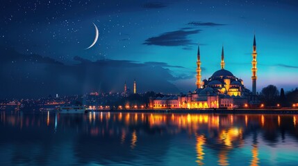 Mosque and crescent moon in dark blue sky, Ramadan and eid al-Fitr concept, AI generated image
