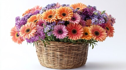 Fototapeta premium Vibrant Gerbera Daisies and Lilac Bouquet in Woven Basket: Close-Up Photo. AI Generated