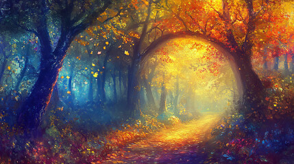 Fantasy forest glade cartoon vector illustration. Magic autumn woodland meadow in jungle game scene. Sunshine spot with bokeh light on path in wildlife. Mystic nature fall wallpaper with trees stem.