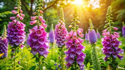 Obraz premium Aerial View of Lush Garden with Vibrant Purple Foxglove Blossoms
