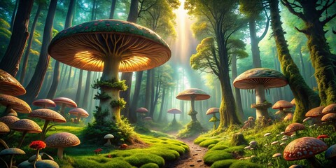 Aerial View of Lush Forest with Giant Mushrooms, Fantasy Landscape
