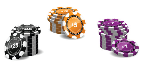 Set illustration of stacked casino chips in different denominations. The chips are colored by value: black for $25, orange for $5, and purple for $1, all arranged in neat stacks. The realistic design 