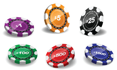 Set illustration of colorful casino chips, each representing a different denomination: $1 (purple), $5 (orange), $25 (black), $100 (green), $500 (red), and $1000 (blue). The chips are designed
