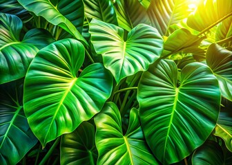 Aerial View of Lush Philodendron: Overlapping Bright Green Leaves