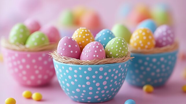 Easter gifts presented in a whimsical style, with colorful candies, eggs in straw baskets, and a cheerful spring theme on a bright background