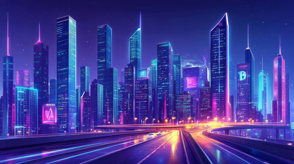 Fototapeta premium Night cityscape and highway flyover or bridge isolated on grey background. Cartoon vector illustration of dark modern city skyscrapers with illuminated neon windows. Futuristic urban background