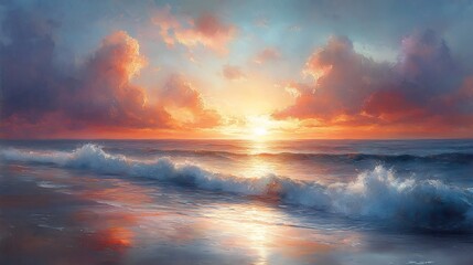 Fototapeta premium Stunning Digital Painting: Ocean Waves Crashing at Sunset. AI Generated