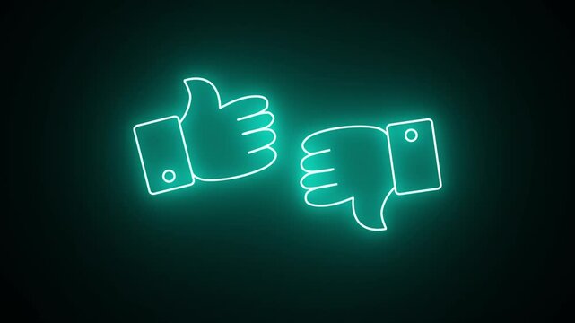 Bright and shiny neon social media like dislike button symbol. Animated neon thumb up and down sign icon animation