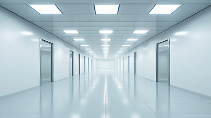 Empty room with white walls inside. Perspective view of modern office or gallery hall interior with ceiling lamps. Abstract white box inside, vector realistic illustration