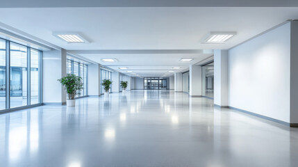 Fototapeta premium Empty room with white walls inside. Perspective view of modern office or gallery hall interior with ceiling lamps. Abstract white box inside, vector realistic illustration
