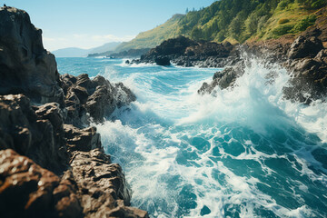 scene depicts forceful collision of ocean waves against a rugged shoreline, showcasing contrasting...