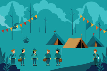 A flat design illustration of scouts in their uniform, standing in front of a lush, green forest.