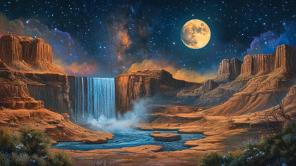 Alien planet with waterfall and desert river. Vector cartoon illustration of sandy landscape, water flowing from rocky mountain against night sky with moon and stars. Cosmic game background design