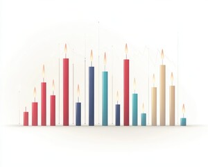 Obraz premium Colorful bar graph illustration with candles representing data analysis and trends.