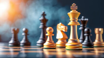 A close-up of a chessboard featuring golden and black pieces, highlighting the king and knight amidst a dramatic backdrop.