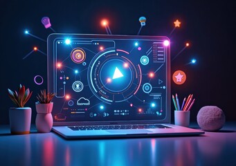 Naklejka premium Digital workspace showcasing futuristic holographic interface on a laptop at night