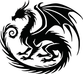 Black dragon icon. Black silhouette icon. Asian style tattoo template isolated on white background