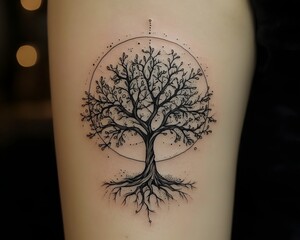 Intricate Tree of Life Tattoo with Intertwined Roots and Branches on White Background