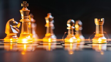 A close-up view of illuminated chess pieces on a board, highlighting their intricate designs and the strategic game of chess.
