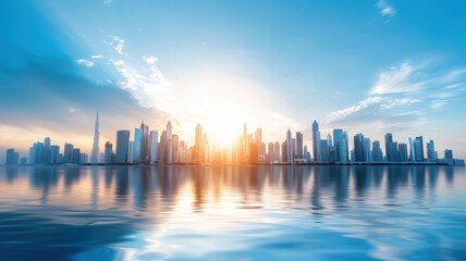 Fototapeta premium A serene skyline view at sunrise, featuring modern skyscrapers reflecting on calm waters under a bright blue sky.